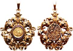 Roman Imperial A Valentinian III AV Tremissis set in a gold pendant. Uncertain mint, circa AD 425-455. Possibly imitative. D Λ VΛLENTINIΛNVS I I ΛV(sic), pearl-diademed, draped and cuirassed bust righ