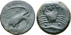 Greek Sicily, Akragas Æ Hemilitron. Circa 420-406 BC. Eagle flying right, head lowered, holding serpent and dead hare in its talons; [A]K-[PA] / Crab; six pellets (mark of value) around, fig leaf poin