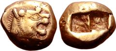 Greek Kingdom of Lydia, Alyattes EL Trite - 1/3 Stater. Sardes, circa 610-546 BC. Head of roaring lion right, sunburst with multiple rays on forehead / Two incuse square punches. Traité II/1, 44, pl. 