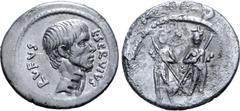 Roman Imperatorial L. Servius Rufus AR Denarius. Rome, 43 BC. Bare head of Brutus right; L•SERVIVS RVFVS around / The Dioscuri standing facing, both holding spears and with swords hanging from waist. 