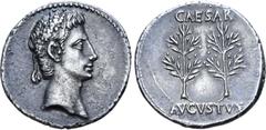 Roman Imperial Augustus AR Denarius. Uncertain Spanish mint (Colonia Patricia?), circa 20-19 BC. Laureate head right / Two laurel trees; CAESAR above; AVGVSTVS below. RIC 51; BMCRE 352; RSC 47. 3.55g,