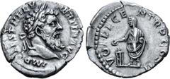 Roman Imperial Pertinax AR Denarius. Rome, AD 193. IMP CAES P HELV PERTIN AVG, laureate head right / VOT DECEN TR P COS II, Pertinax, veiled, standing left, sacrificing out of patera in right hand ove