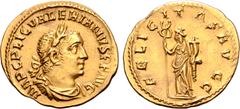 Roman Imperial Valerian I AV Aureus. Rome, AD 255-256. IMP C P LIC VALERIANVS P F AVG, laureate, draped and cuirassed bust right / FELICITAS AVGG, Felicitas standing facing wearing long dress, head to
