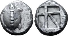 Greek Islands off Attica, Aegina AR Stater. Circa 525-475 BC. Sea turtle, head in profile, with 'T' design in pellets on shell / Incuse square with 'proto-skew' design. Meadows, Aegina, Group IIc; HGC