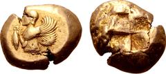 Greek Mysia, Kyzikos EL Stater. Circa 550-500 BC. Half-length bust of Kore-Persephone to left, wearing kekryphalos headdress, round earring and long-sleeved chiton, in her right hand holding a tunny f