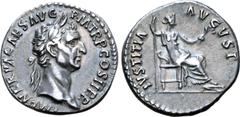 Roman Imperial Nerva AR Denarius. Rome, AD 96. IMP NERVA CAES AVG P M TR P COS II P P, laureate head right / IVSTITIA AVGVST, Justitia seated right, holding sceptre and branch. RIC 6; BMCRE 13-4; RSC 