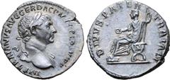 Roman Imperial Trajan AR Denarius. Rome, AD 112-114. IMP TRAIANVS AVG GER DAC P M TR P COS VI P P, laureate bust right, slight drapery on left shoulder / DIVVS PATER TRAIAN, Trajan Pater, bare-headed 