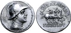 Greek Greco-Baktrian Kingdom, Eukratides I 'the Great' AR Tetradrachm. Circa 170-145 BC. Helmeted bust right / The Dioskouroi on horses prancing right, each holding spear and palm; ΒΑΣΙΛΕΩΣ ΜΕΓΑΛΟΥ ab