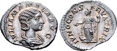Roman Imperial Julia Mamaea (mother of S. Alexander) AR Denarius. Rome, AD 222-235. IVLIA MAMAEA AVG, draped bust right / IVNO CONSERVATRIX, Diademed and veiled figure of Juno standing left, holding p