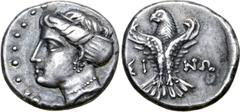 The William Stancomb Collection Paphlagonia, Sinope AR Aiginetic Hemidrachm. Circa 330-300. Head of nymph Sinope left, wearing triple-pendant earring, necklace and sakkos / Eagle flying upward, head l