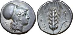 Greek Lucania, Metapontion AR Stater. Circa 340-330 BC. Head of Athena Tharragoras right, wearing Corinthian helmet; Σ behind / Ear of barley with stalk and leaf to right upon which, trophy; Π below, 
