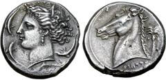 Greek Sicily, Siculo-Punic AR Tetradrachm. 'People of the Camp' mint (Entella?), circa 320/15-300 BC. Head of Tanit-Persephone left, wearing grain-wreath, triple-pendant earring, and necklace; four do