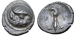 Greek Elis, Olympia AR Stater. 98th Olympiad. Zeus mint, 388 BC. Eagle standing left, grasping the back of a ram with its talons and tearing at its neck with its beak; the whole on round shield with r