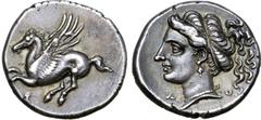 Greek Corinthia, Corinth AR Drachm. Circa 308-307 BC. Pegasos flying left; Ϙ below / Head of Aphrodite left, wearing earring and necklace, hair tied with ribbon and bound at top, falling loose behind;