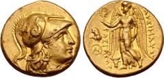 Greek Kings of Thrace, Lysimachos AV Stater. In the types of Alexander III of Macedon. Sestos, circa 299/8-297/6 BC. Head of Athena right, wearing necklace and crested Corinthian helmet decorated with