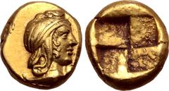 Greek Mysia, Kyzikos EL Hemihekte - 1/12 Stater. Circa 450-400 BC. Head of Attis facing right, wearing ornamented Phrygian cap; [tunny fish below] / Quadripartite incuse square. Boston MFA 1523; Green