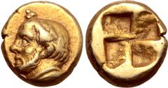 Greek Mysia, Kyzikos EL Myshemihekte - 1/24 Stater. Early-mid 4th centuries BC. Head of Silenos left, wearing ivy-wreath, three pellets in triangle above brow / Quadripartite incuse square. Cf. Hurter