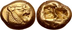 Greek Kingdom of Lydia, Alyattes EL Trite - 1/3 Stater. Sardes, circa 610-546 BC. Head of roaring lion right, sunburst with multiple rays on forehead / Two incuse square punches. Traité II/1, 44, pl. 