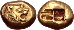 Greek Kingdom of Lydia, Alyattes EL Trite - 1/3 Stater. Sardes, circa 610-546 BC. Head of roaring lion to right, sunburst with multiple rays on forehead / Two incuse square punches. Traité II/1, 44, p