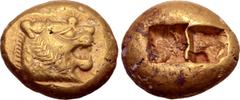 Greek Kingdom of Lydia, Alyattes EL Trite - 1/3 Stater. Sardes, circa 610-546 BC. Head of roaring lion right, sunburst with multiple rays on forehead / Two incuse square punches. Traité II/1, 44, pl. 
