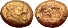 Greek Kingdom of Lydia, Alyattes EL Trite - 1/3 Stater. Sardes, circa 610-546 BC. Head of roaring lion right, sunburst with multiple rays on forehead / Two incuse square punches. Traité II/1, 44, pl. 