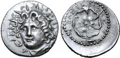 Greek Rhodos, Rhodes AR Drachm. Circa 88/42 BC-AD 14. Basileides, magistrate. Radiate head of Helios facing, turned slightly to left / Rose seen from above; Ρ-Ο, grain ear and ΒΑΣΙΛΕΙΔΗΣ around. Ashto