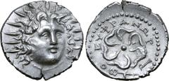 Greek Rhodos, Rhodes AR Drachm. Circa 88/42 BC-AD 14. Euphranor, magistrate. Radiate head of Helios facing, turned slightly to right / Rose seen from above; Ρ-Ο, winged kerykeion and ΕΥΦΡΑΝΩΡ around. 