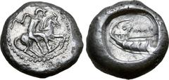 Greek Cilicia, Holmoi AR Stater. Persic standard. Circa 440-400 BC. Caped rider dismounting from horse to right / Stern of galley to left, OΛMI above. Unpublished in the standard references; Heritage 