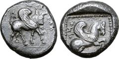 Greek Cilicia, Ura AR Stater. Early 5th century BC. Winged bull walking right; ankh-symbol below; ivy stem with five leaves before, uncertain legend(?) above / Pegasos flying right, 'RH in Aramaic to 