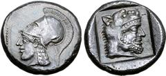 Greek Cyprus, Lapethos AR Stater. Uncertain king, circa 425 BC. Head of Athena left, wearing crested Corinthian helmet decorated with a floral motif on the bowl / Head of Herakles right, wearing lion 