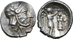 Greek Seleukid Empire, Antiochos I, with Seleukos I, AR Drachm. Coregency issue. Drangiana, circa 294-281 BC. Head of hero right, assimilating Seleukos, Alexander and Dionysos, wearing helmet covered 