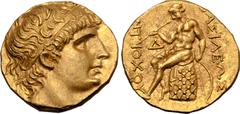 Greek Seleukid Empire, Antiochos I Soter AV Stater. Aï Khanoum, circa 266-261 BC. Diademed head of Antiochos I to right, with rejuvenated and idealised features / Apollo Delphios, nude, seated to left