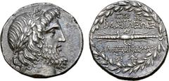 Greek Seleukid Empire, Alexander I Balas AR Tetradrachm. Seleukia Pieria, year 166 = 147/6 BC. Laureate head of Zeus to right, with full beard and with his hair arranged in long curls of archaizing fo