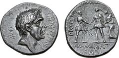 Roman Imperatorial Gnaeus Pompey Junior AR Denarius. M. Minatius Sabinus, proquaestor. Corduba (Cordoba) mint, Summer 46-Spring 45 BC. Bare head of Pompey the Great right, IMP behind, CN•MAGNVS before