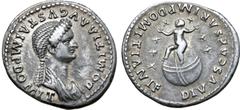 Roman Imperial Domitia (wife of Domitian) AR Denarius. Rome, AD 82-83. DOMITIA AVGVSTA IMP DOMIT, draped bust right, with hair massed in front and in long plait behind / DIVVS CΛESΛR IMP DOMITIANI F, 