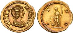 Roman Imperial Julia Domna (wife of S. Severus) AV Aureus. Rome, circa AD 196-211. IVLIA AVGVSTA, draped bust right / IVNO, Juno standing to left, veiled, holding patera and sceptre; at her feet, peac
