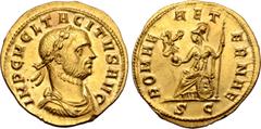 Roman Imperial Tacitus AV Aureus. Serdica, June AD 276. IMP C M CL TACITVS AVG, laureate, draped and cuirassed bust right / ROMAE AETERNAE, Roma seated left on a shield, holding Victory on globe and s