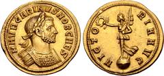 Roman Imperial Carinus, as Caesar, AV Aureus. Siscia, AD 282. M AVR CARINVS NOB CAES, laureate and cuirassed bust right / VICTORIA AVG, Victory standing left on banded globe, holding wreath and palm. 