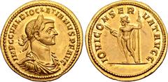 Roman Imperial Diocletian AV Aureus. Rome or Cyzicus, AD 286. IMP C C VAL DIOCLETIANVS P F AVG, laureate, draped and cuirassed bust right, seen from front / IOVI CONSERVAT AVGG, Jupiter standing left,