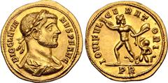 Roman Imperial Diocletian AV Aureus. Rome, AD 287. DIOCLETIANVS P F AVG, laureate, draped and cuirassed bust right, seen from behind / IOVI FVLGERATORI, Jupiter standing to left, head reverted, cloak 