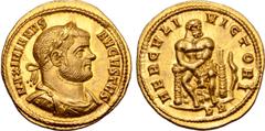 Roman Imperial Maximian AV Aureus. Rome, AD 293/4. MAXIMIANVS AVGVSTVS, laureate, draped and cuirassed bust right / HERCVLI VICTORI, Hercules seated facing on rock, head to right, lion's skin on lap, 