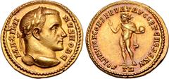 Roman Imperial Maximinus II Daia, as Caesar, AV Aureus. Treveri, AD 306 - autumn 307. MAXIMINVS NOB C, laureate head right / SOLI INVICT CONSERVAT AVGG ET CAESS NN, Sol standing to left, radiate, nude