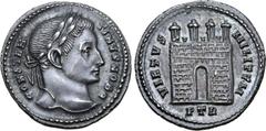 Roman Imperial Constantine I, as Caesar, AR Argenteus. Treveri, AD 306/7. CONSTANTINVS NOB C, laureate head right / VIRTVS MILITVM, camp gate with four turrets and no doors; PTR in exergue. RIC 638; R