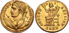 Roman Imperial Crispus, as Caesar, AV Solidus. Nicomedia, AD 324. FL IVL CRISPVS NOB CAES, laureate 'heroic' bust left, holding spear and shield to front / CONCORDIA AVGG NN, Concordia seated left on 