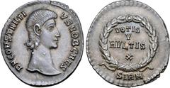 Roman Imperial Constantius Gallus, as Caesar, AR Siliqua. Sirmium, AD 351. CONSTANTIVS NOB CAES, bare head right / VOTIS V MVLTIS X in four lines within laurel wreath with jewel at apex; SIRM in exerg