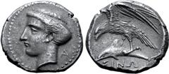 The William Stancomb Collection Paphlagonia, Sinope AR Drachm. Circa 410-350 BC. Mi-, magistrate. Head of nymph Sinope left, hair elaborately arranged and wearing sakkos / Eagle standing to left atop 
