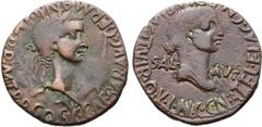 Roman Provincial Caligula, with Caesonia, Æ As of Carthago Nova, Spain. Circa AD 37. C CAESAR AVG GERMANIC IMP P M TR P COS, laureate head of Caligula right / CN ATEL FLAC CN POM FLAC II VIR QVINC, la