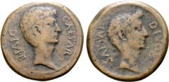 Roman Imperatorial Octavian and Divus Julius Caesar Æ Dupondius. Southern (?) Italian mint, circa 38 BC. CAESAR DIVI F, bare head of Octavian right, with slight beard / DIVOS IVLIVS, wreathed head of 