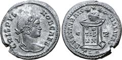 Roman Imperial Crispus, as Caesar, Æ Nummus. Lugdunum, AD 321. CRISPVS NOB CAES, laureate head right / BEATA TRANQVILLITAS, globe set on altar inscribed VO/TIS/XX in three lines, three stars above; C-