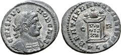Roman Imperial Crispus, as Caesar, Æ Nummus. Lugdunum, AD 324. CRISPVS NOB CAES, laureate and cuirassed bust right / BEATA TRANQVILLITAS, globe set on altar inscribed VO/TIS/XX in three lines, three s